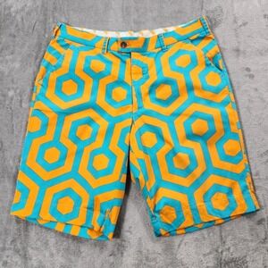 Loudmouth Golf Shorts Mens 34 Orange Blue Hex Pattern Geometric Summer‎ Fun Logo